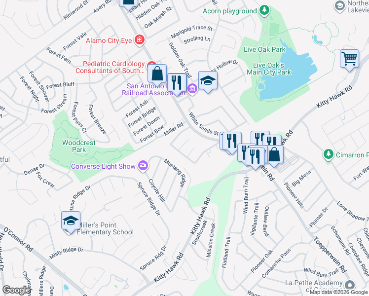 map of restaurants, bars, coffee shops, grocery stores, and more near 7711 Plainsman in Converse
