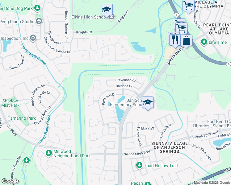 map of restaurants, bars, coffee shops, grocery stores, and more near 7007 Patterson Drive in Missouri City