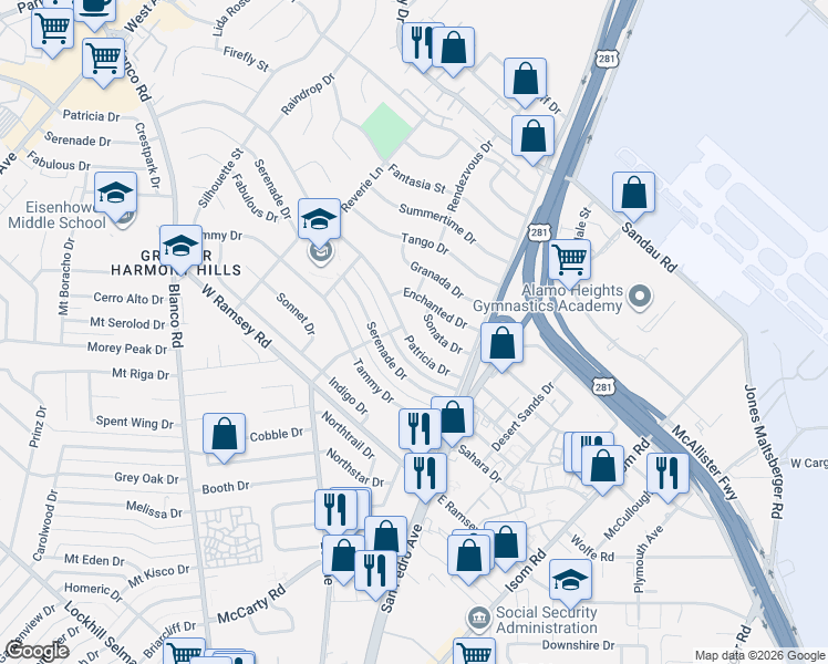 map of restaurants, bars, coffee shops, grocery stores, and more near 246 Patricia in San Antonio
