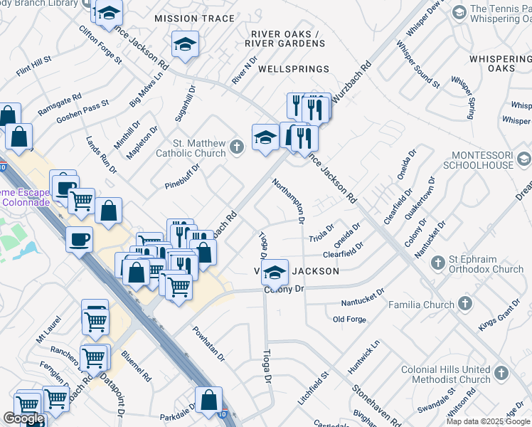 map of restaurants, bars, coffee shops, grocery stores, and more near 10404 Steuben Drive in San Antonio