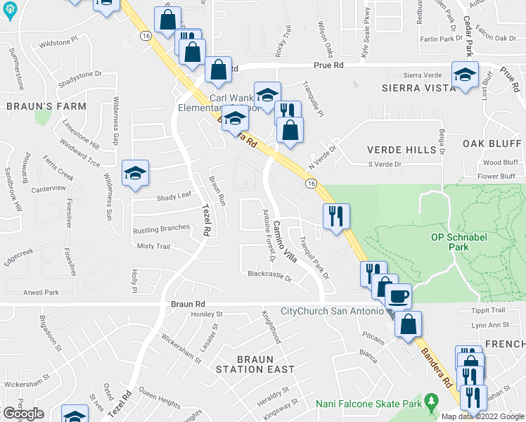 map of restaurants, bars, coffee shops, grocery stores, and more near 9602 Antoine Forest Dr in San Antonio
