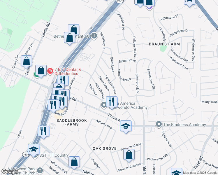 map of restaurants, bars, coffee shops, grocery stores, and more near 9631 Silver Moon in San Antonio