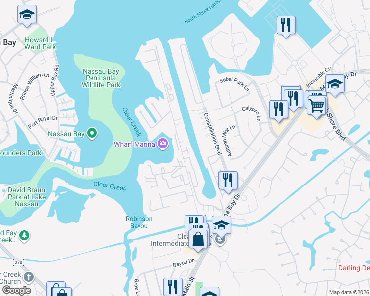 map of restaurants, bars, coffee shops, grocery stores, and more near 2402 Intrepid Way in League City