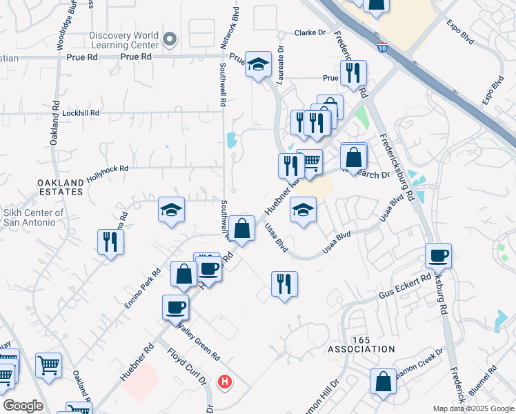 map of restaurants, bars, coffee shops, grocery stores, and more near 10007 Huebner Road in San Antonio