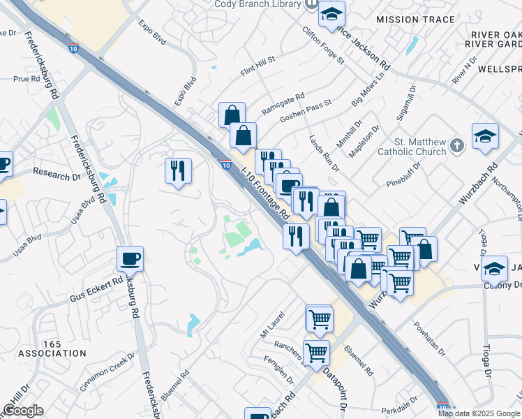map of restaurants, bars, coffee shops, grocery stores, and more near McDermott Fwy in San Antonio