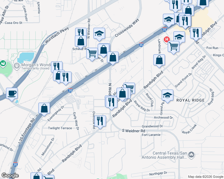 map of restaurants, bars, coffee shops, grocery stores, and more near 5602 Bienville Drive in San Antonio