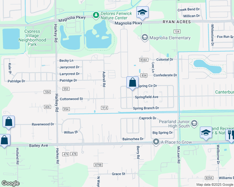 map of restaurants, bars, coffee shops, grocery stores, and more near 3914 Spring Circle Drive in Pearland
