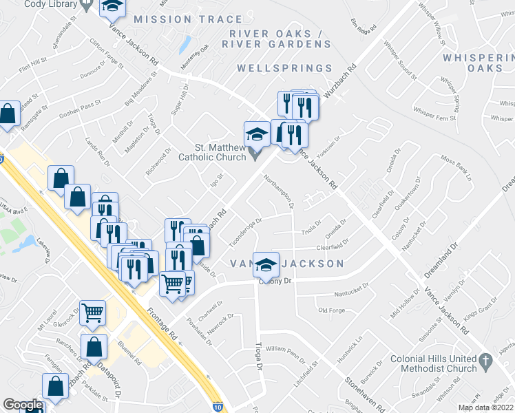map of restaurants, bars, coffee shops, grocery stores, and more near 10404 Steuben Drive in San Antonio