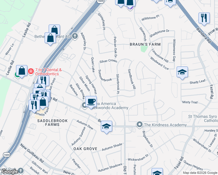 map of restaurants, bars, coffee shops, grocery stores, and more near 10030 Silver Park in San Antonio