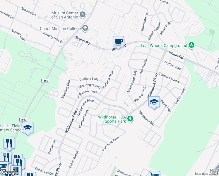 map of restaurants, bars, coffee shops, grocery stores, and more near 10002 Shetland Gate in San Antonio