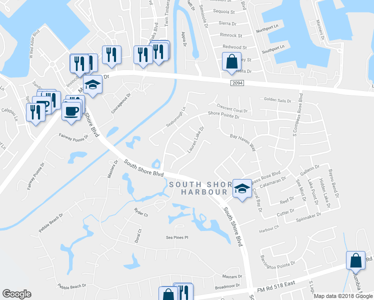map of restaurants, bars, coffee shops, grocery stores, and more near 2013 Castlewind Court in League City