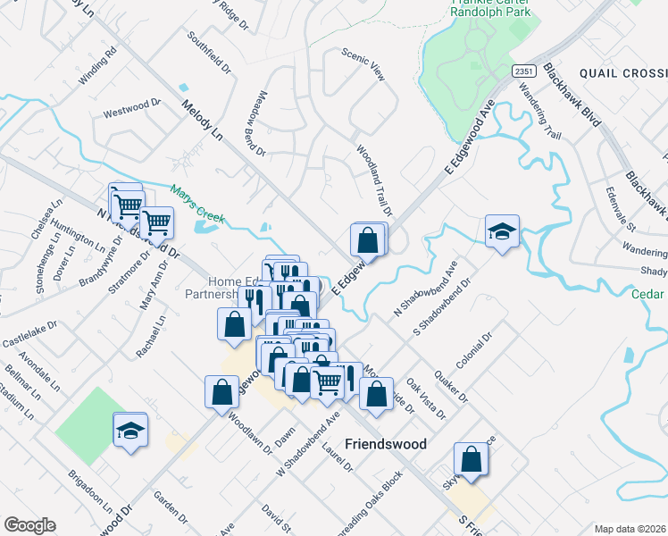 map of restaurants, bars, coffee shops, grocery stores, and more near 212 East Edgewood Drive in Friendswood