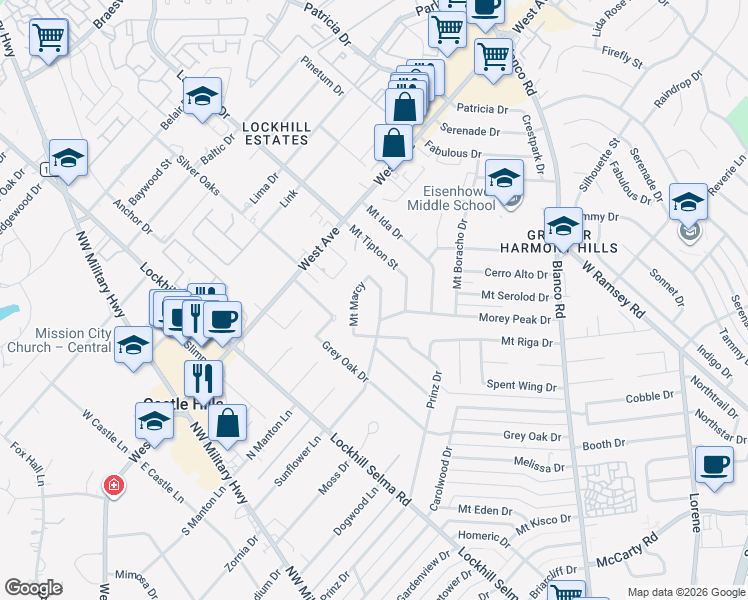 map of restaurants, bars, coffee shops, grocery stores, and more near 10502 Sunflower Lane in San Antonio