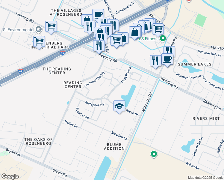 map of restaurants, bars, coffee shops, grocery stores, and more near 905 Park Place Boulevard in Rosenberg