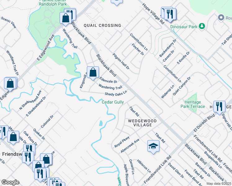 map of restaurants, bars, coffee shops, grocery stores, and more near 5131 Shady Oaks Lane in Friendswood