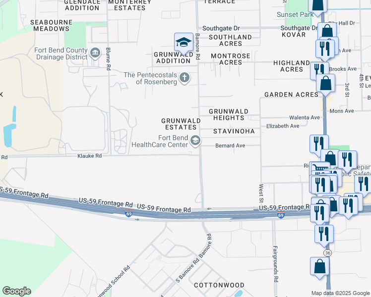 map of restaurants, bars, coffee shops, grocery stores, and more near 3010 Bamore Road in Rosenberg