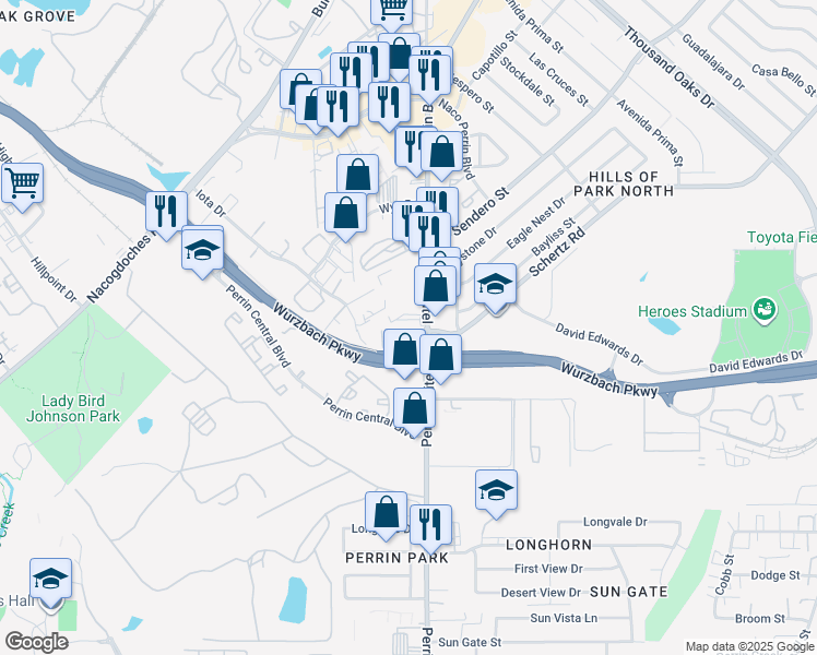 map of restaurants, bars, coffee shops, grocery stores, and more near 10527 Perrin Beitel Road in San Antonio