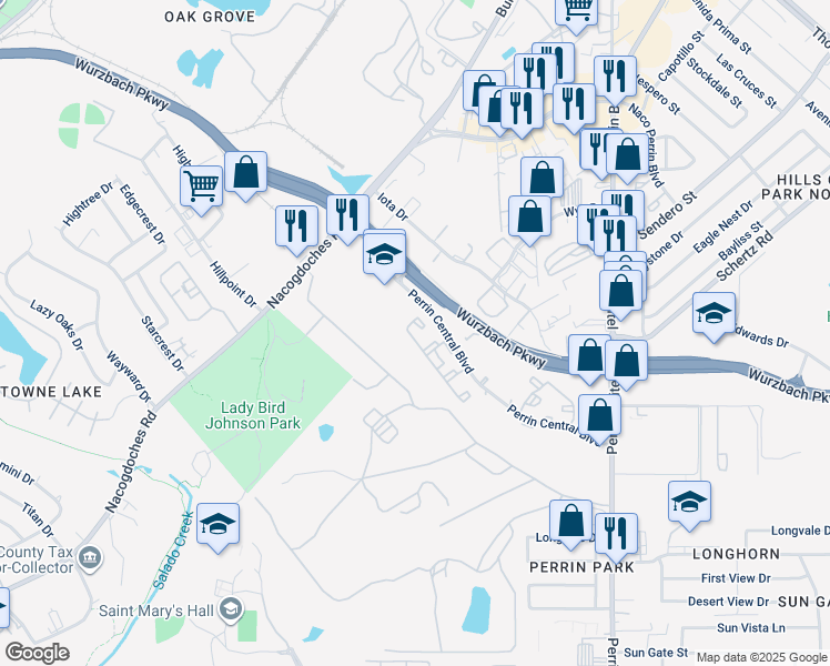 map of restaurants, bars, coffee shops, grocery stores, and more near 3800 Perrin Central Boulevard in San Antonio