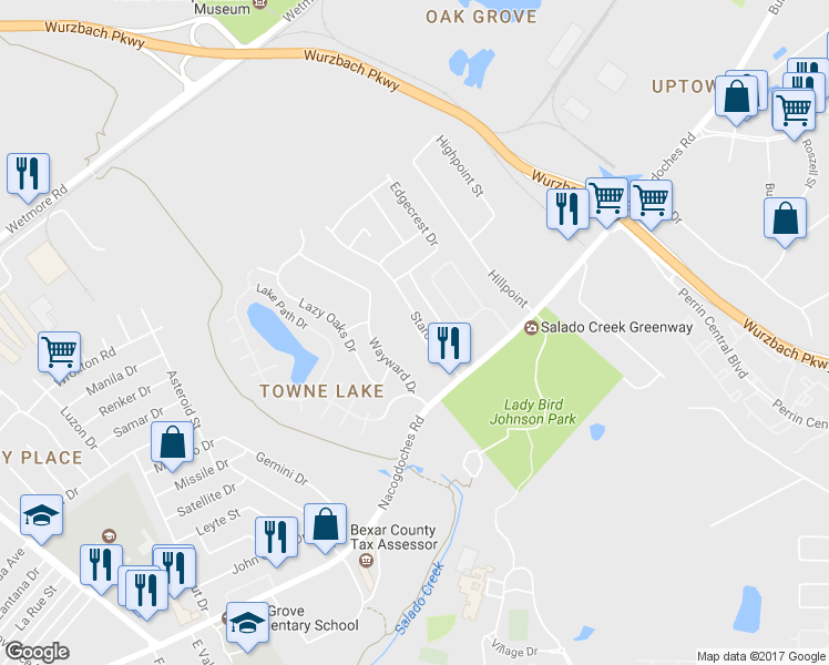 map of restaurants, bars, coffee shops, grocery stores, and more near 10557 Starcrest Drive in San Antonio