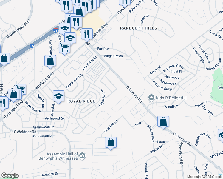 map of restaurants, bars, coffee shops, grocery stores, and more near 6318 Royal Ridge in San Antonio