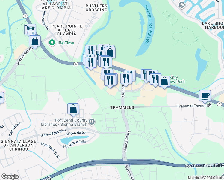 map of restaurants, bars, coffee shops, grocery stores, and more near 8900 Texas 6 in Missouri City