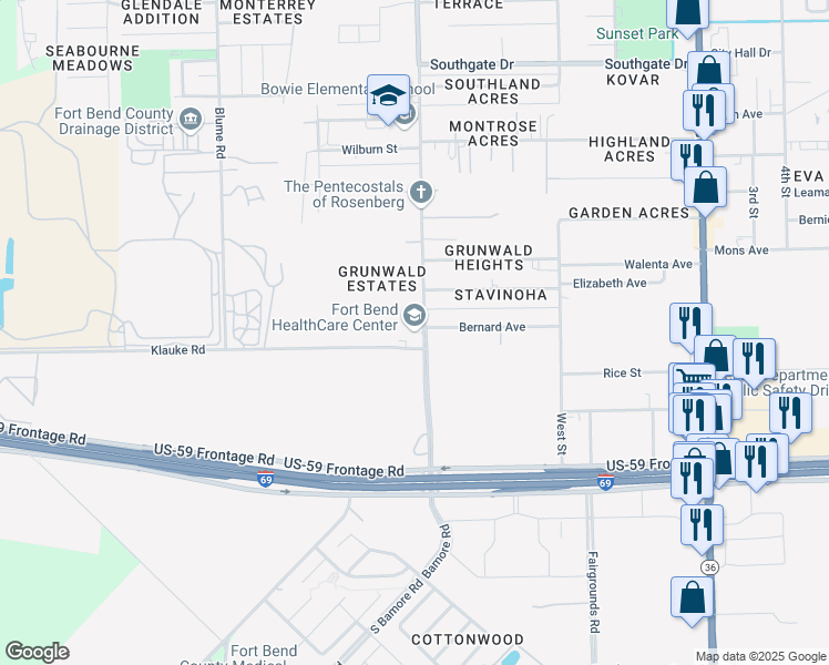 map of restaurants, bars, coffee shops, grocery stores, and more near 3010 Bamore Road in Rosenberg
