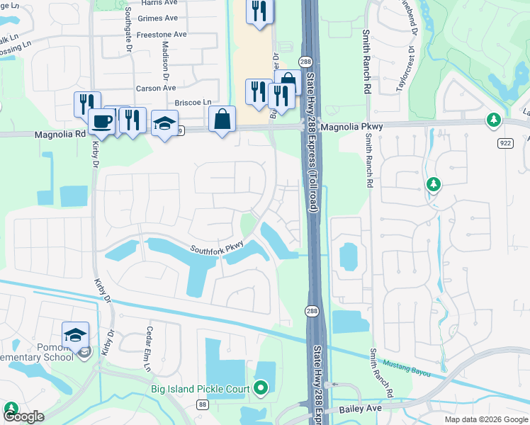 map of restaurants, bars, coffee shops, grocery stores, and more near 3382 Southfork Parkway in Manvel