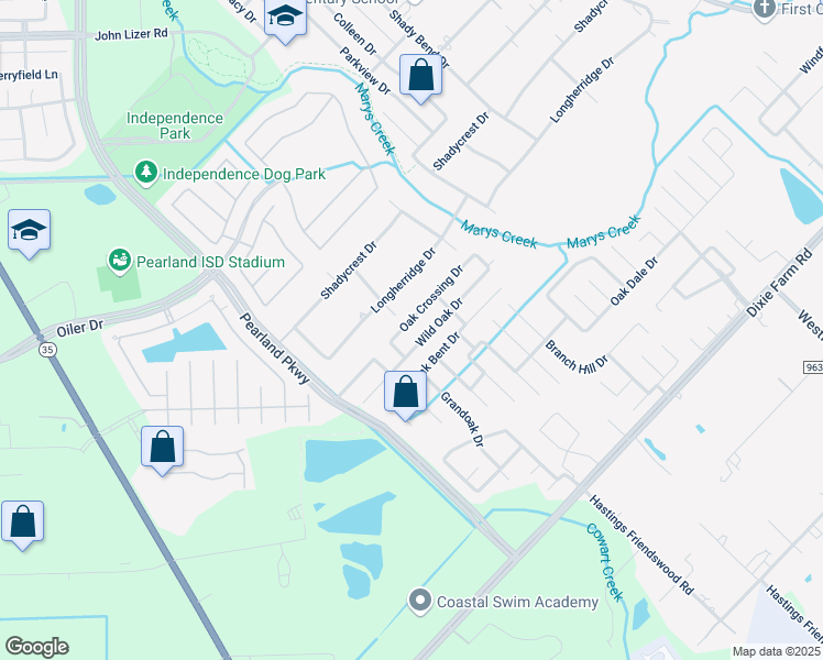 map of restaurants, bars, coffee shops, grocery stores, and more near 3720 Wild Oak Drive in Pearland