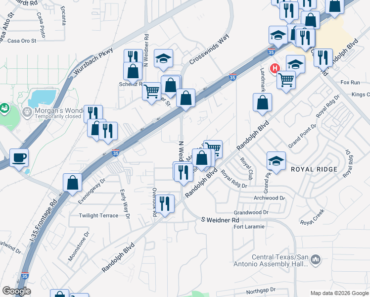map of restaurants, bars, coffee shops, grocery stores, and more near 5602 Bienville Drive in San Antonio