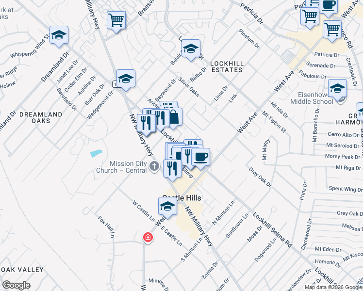 map of restaurants, bars, coffee shops, grocery stores, and more near 1835 Lockhill Selma Road in San Antonio