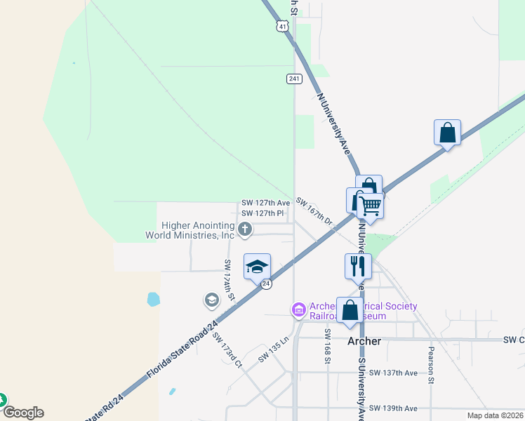 map of restaurants, bars, coffee shops, grocery stores, and more near 17229 Southwest 127th Place in Archer