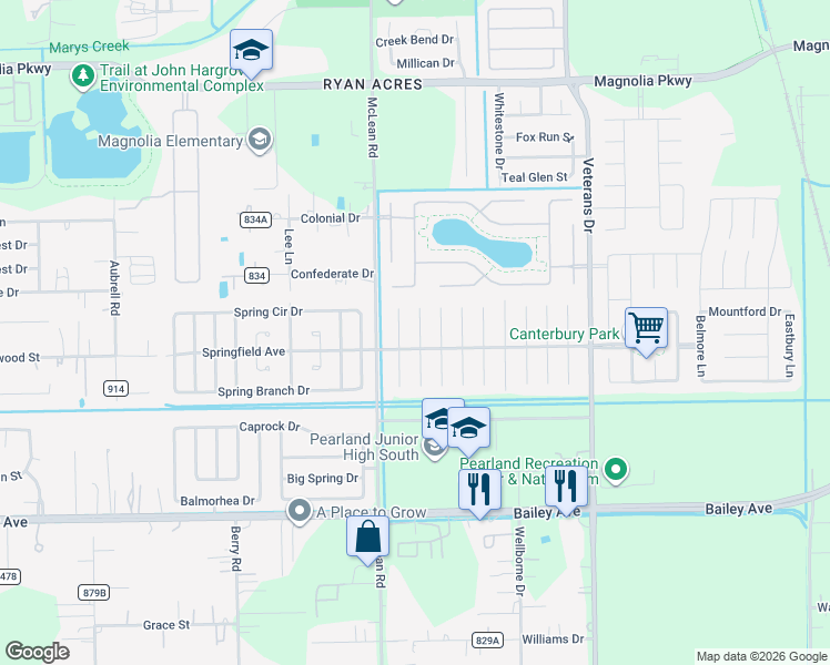 map of restaurants, bars, coffee shops, grocery stores, and more near 3915 Ivywood Drive in Pearland