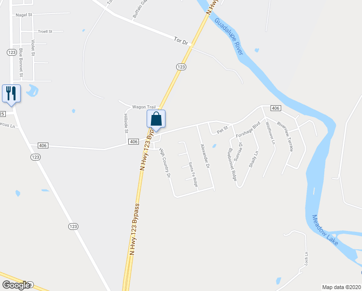 map of restaurants, bars, coffee shops, grocery stores, and more near 118 Santa Fe Ridge in Seguin