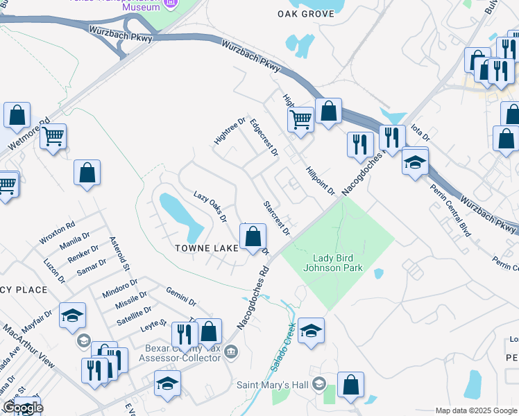 map of restaurants, bars, coffee shops, grocery stores, and more near 10615 Wayward Drive in San Antonio