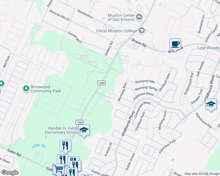 map of restaurants, bars, coffee shops, grocery stores, and more near 10050 Farm to Market Road 1560 in San Antonio