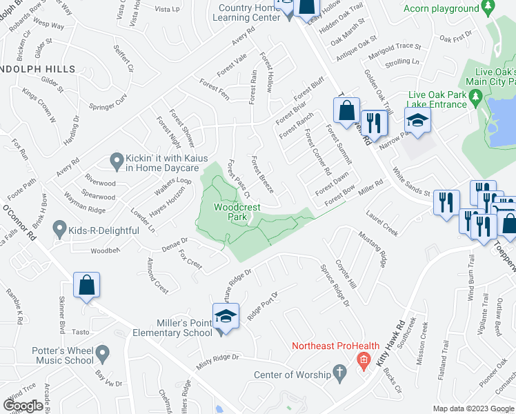map of restaurants, bars, coffee shops, grocery stores, and more near 11017 Forest Pass Court in Live Oak