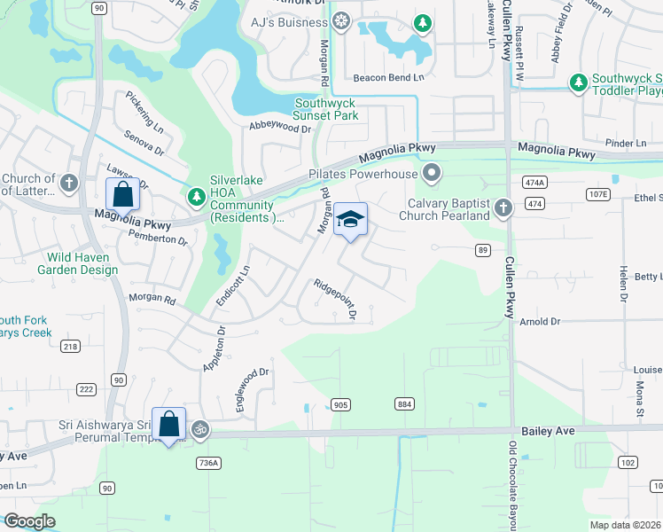 map of restaurants, bars, coffee shops, grocery stores, and more near 4011 Ridgepoint Drive in Pearland