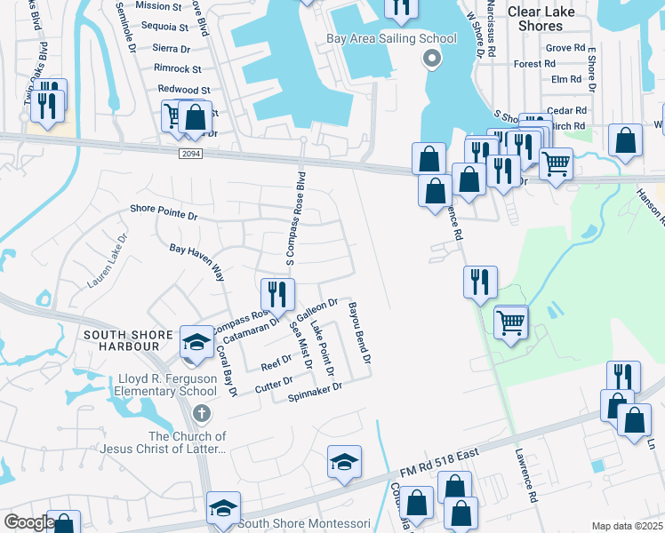map of restaurants, bars, coffee shops, grocery stores, and more near 2117 Shadow Bay Circle in League City