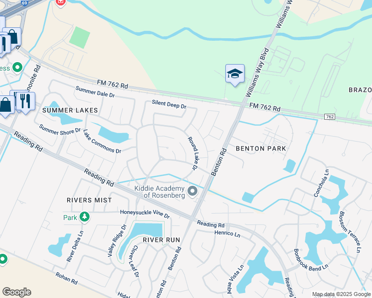 map of restaurants, bars, coffee shops, grocery stores, and more near 339 Summer Landing Court in Rosenberg
