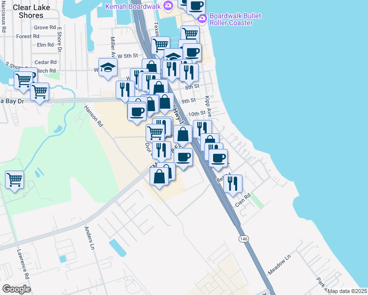 map of restaurants, bars, coffee shops, grocery stores, and more near 155 Fm 518 Rd in Kemah