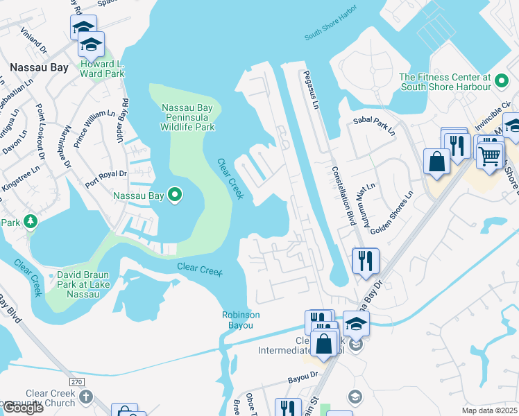 map of restaurants, bars, coffee shops, grocery stores, and more near 2310 Crows Nest Drive in League City