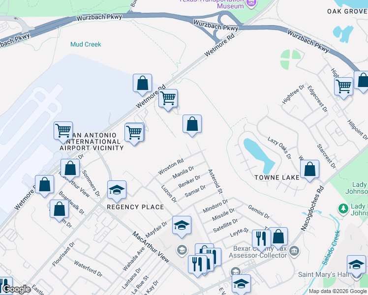 map of restaurants, bars, coffee shops, grocery stores, and more near 10503 Merritime Court in San Antonio