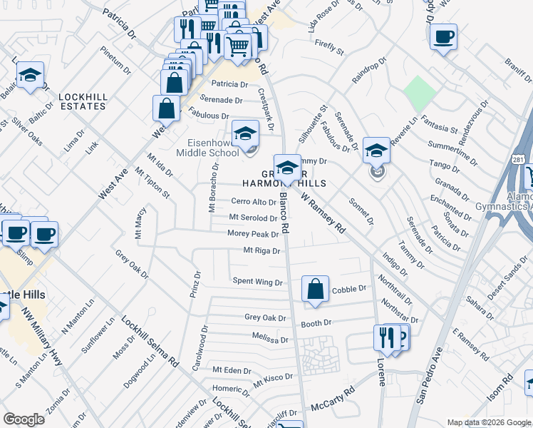 map of restaurants, bars, coffee shops, grocery stores, and more near 922 Mount Serolod Drive in San Antonio