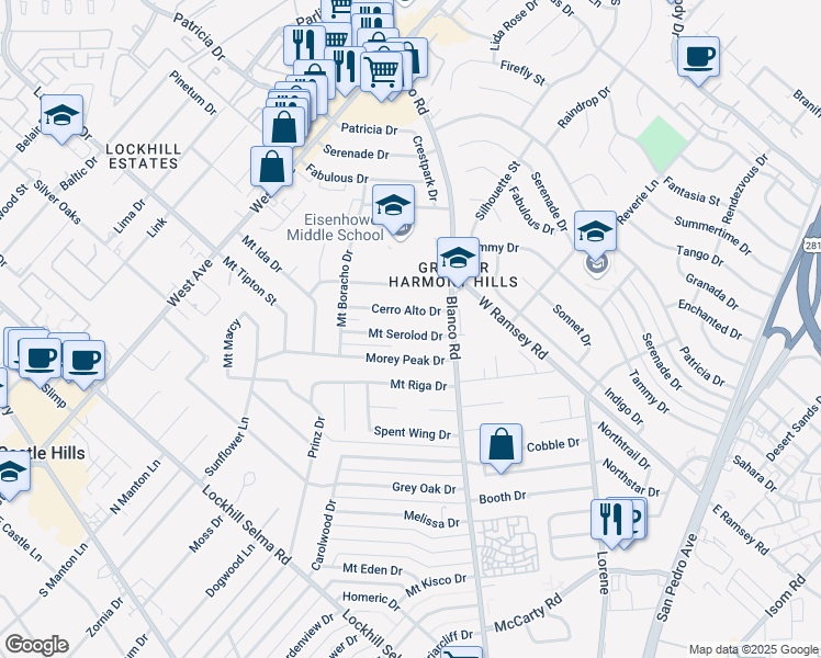 map of restaurants, bars, coffee shops, grocery stores, and more near 922 Mount Serolod Drive in San Antonio
