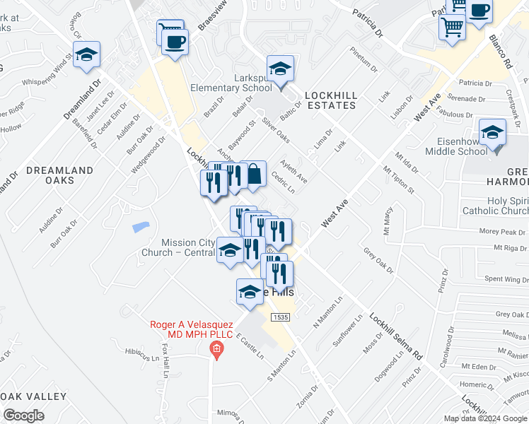 map of restaurants, bars, coffee shops, grocery stores, and more near 1842 Lockhill Selma Road in Castle Hills