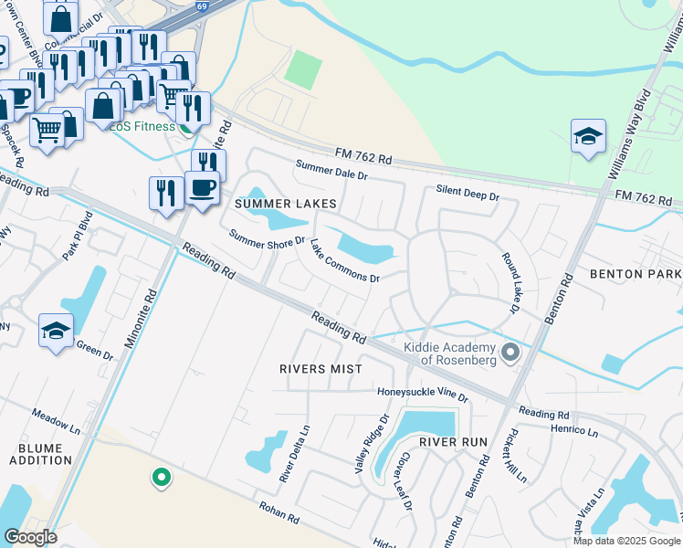 map of restaurants, bars, coffee shops, grocery stores, and more near 502 Summer Acres Court in Rosenberg