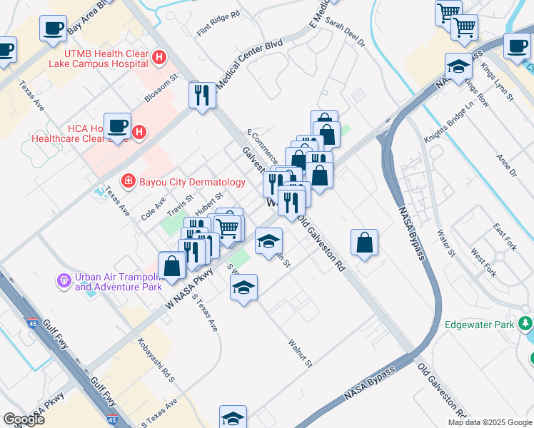 map of restaurants, bars, coffee shops, grocery stores, and more near 201-299 W NASA Pkwy in Webster