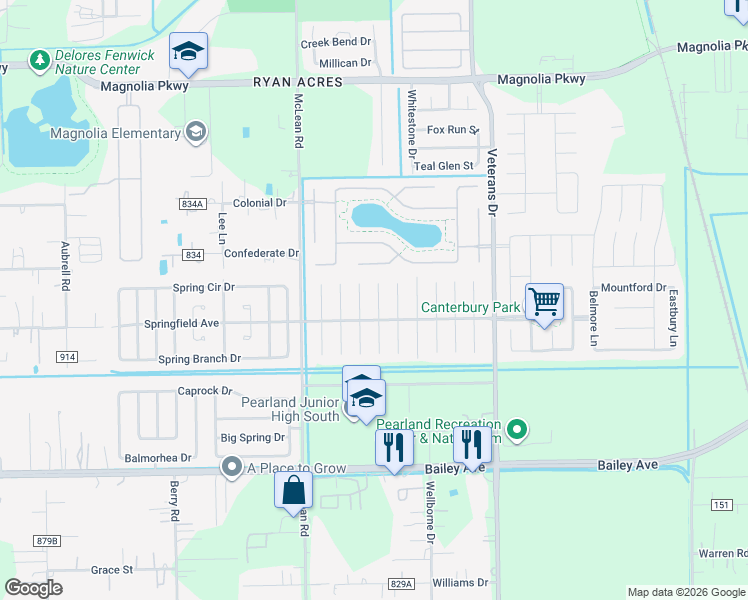 map of restaurants, bars, coffee shops, grocery stores, and more near 3915 Greenwood Drive in Pearland