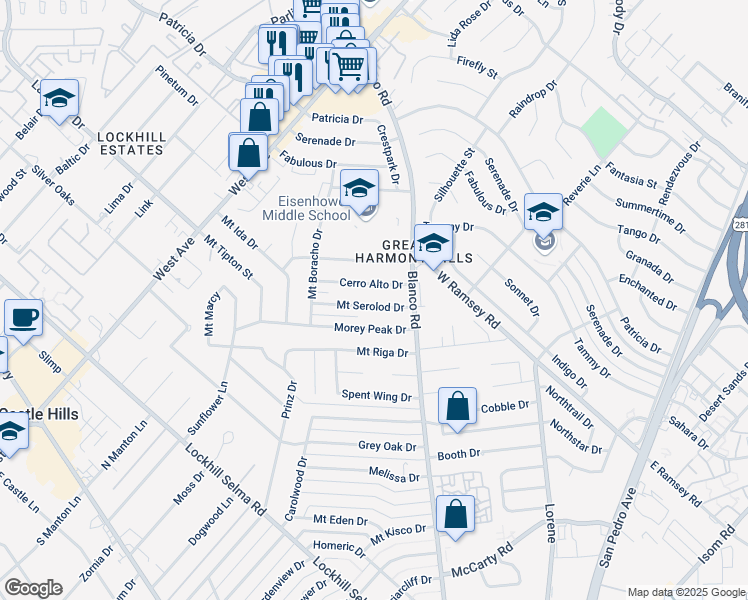 map of restaurants, bars, coffee shops, grocery stores, and more near 922 Mount Serolod Drive in San Antonio