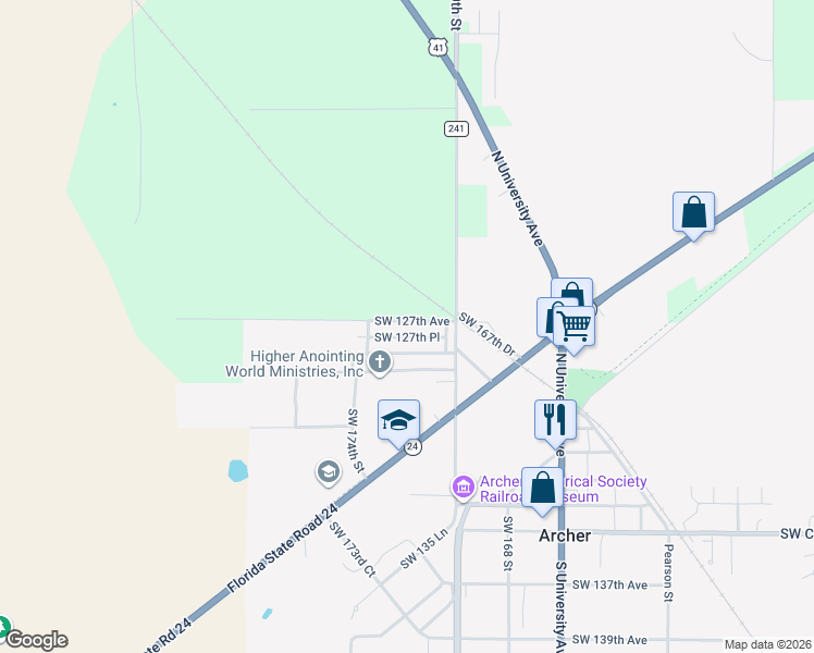 map of restaurants, bars, coffee shops, grocery stores, and more near 17229 Southwest 127th Place in Archer